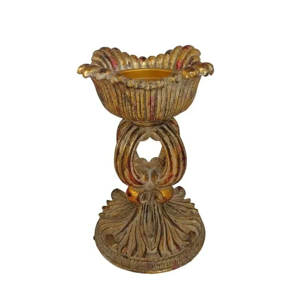 Distressed Pedestal Pillar Candle Holder Brown Brushed Gold Contemporary